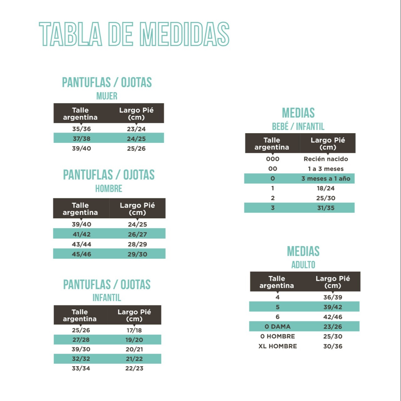 Zoquete rayado Tabla de medidas
