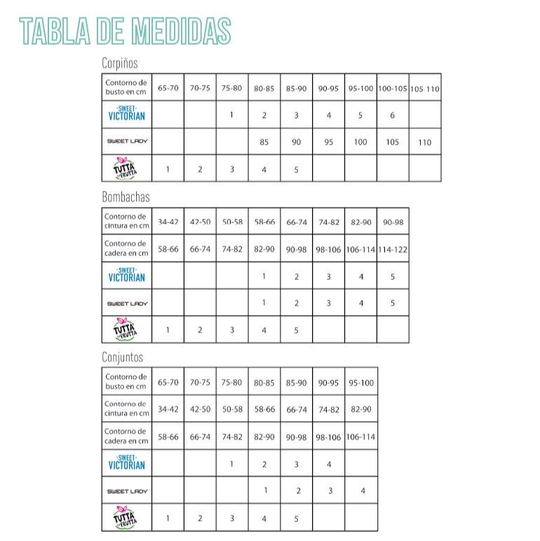 Tangaless STARLIGHT Tabla de medidas